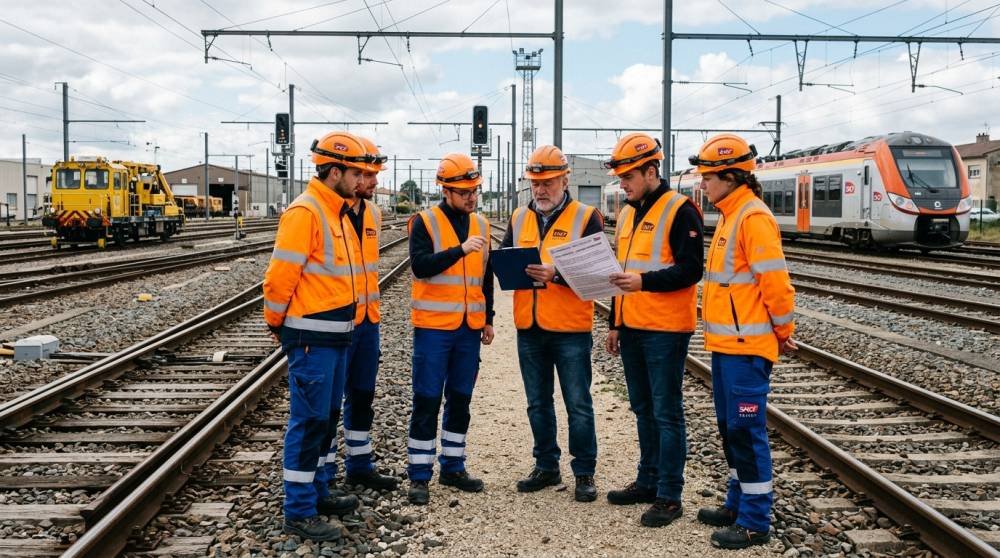 Professionnels suivant une formation SECUFER sur la sécurité ferroviaire, en veste haute-visibilité sur les emprises ferroviaires